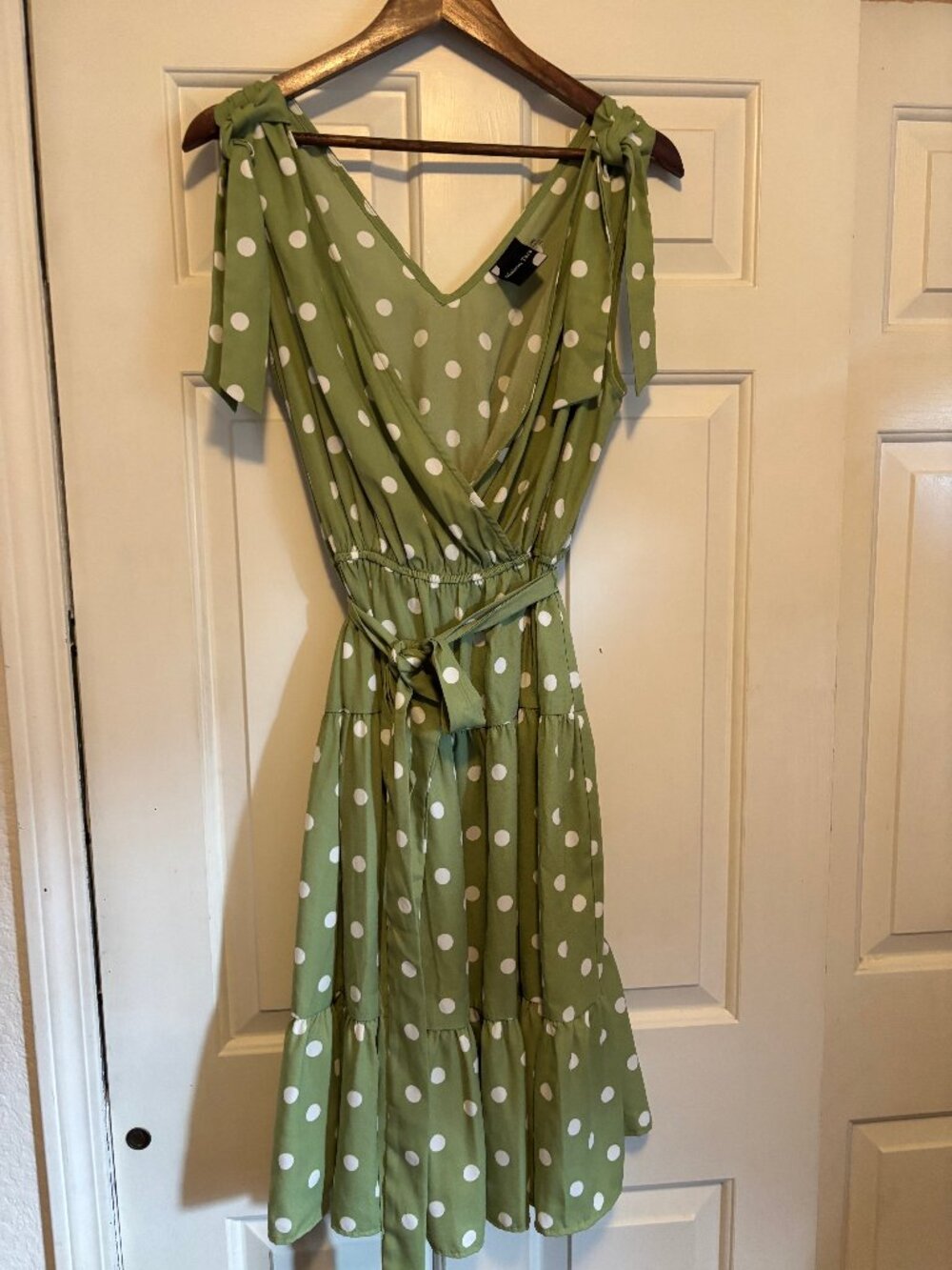 Maison Tara, W14,  Pear polka dot summer dress with short sleeves,empire waist